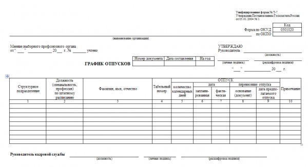 график планирования отпусков образец